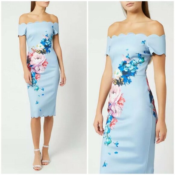 💕TED BAKER💕 Hailly Bardot Dress ~ Raspberry Ripple Print TB Size 4 = US 10 NWT - Picture 7 of 16